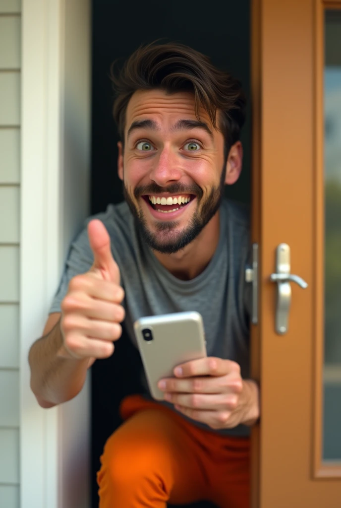 man peeking out, showing his cell phone, Grey shirt, orange pants, and showing his thumb up