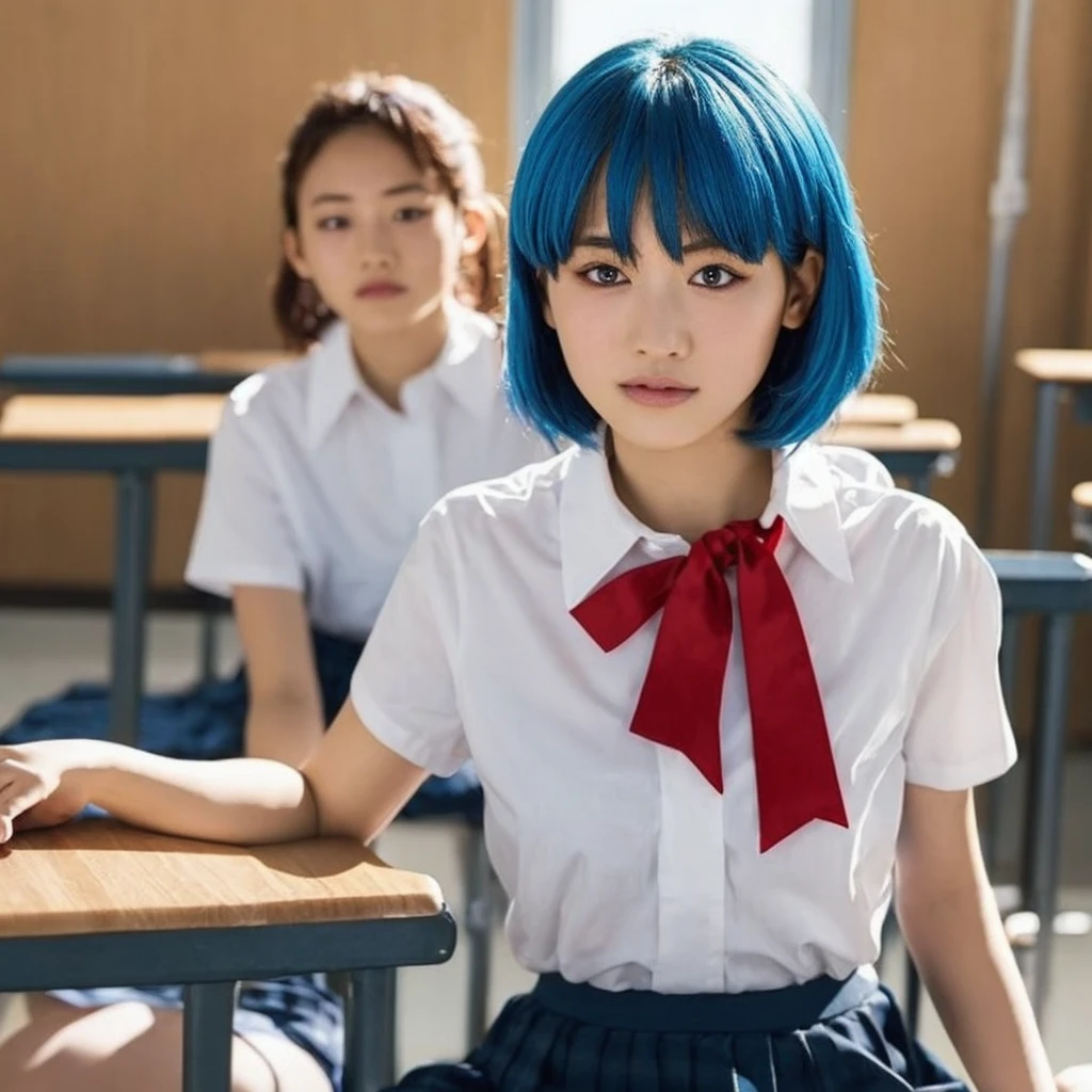 score_9, score_8_up, score_7_up, source_anime, reiayanami, rei ayanami, blue hair, short hair, red eyes, skirt, shirt, ribbon, school uniform, white shirt, short sleeves, red ribbon, neck ribbon, tokyo-3 middle school uniform, indoors, classroom, looking at viewer, cowboy shot, dutch angle, dynamic pose,