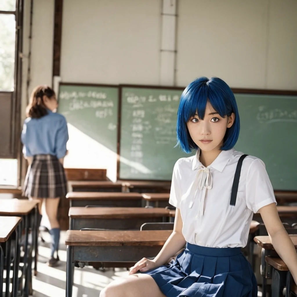 score_9, score_8_up, score_7_up, source_anime, reiayanami, rei ayanami, blue hair, short hair, red eyes, skirt, shirt, ribbon, school uniform, white shirt, short sleeves, red ribbon, neck ribbon, tokyo-3 middle school uniform, indoors, classroom, looking at viewer, cowboy shot, dutch angle, dynamic pose,