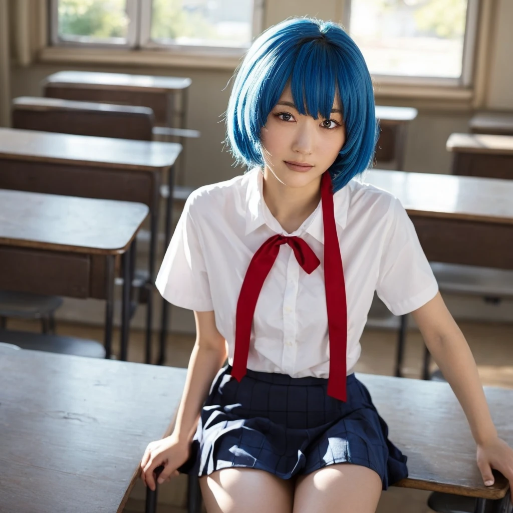 score_9, score_8_up, score_7_up, source_anime, reiayanami, rei ayanami, blue hair, short hair, red eyes, skirt, shirt, ribbon, school uniform, white shirt, short sleeves, red ribbon, neck ribbon, tokyo-3 middle school uniform, indoors, classroom, looking at viewer, cowboy shot, dutch angle, dynamic pose,