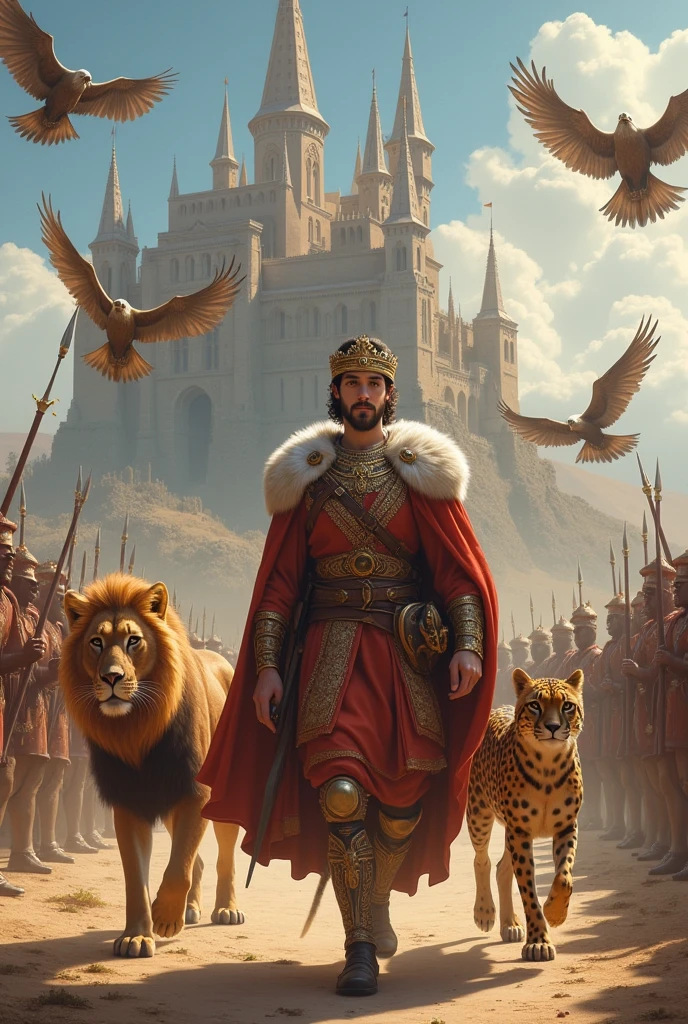A young king walking with lion and cheetah and huge castle at back and eagles at sky and army