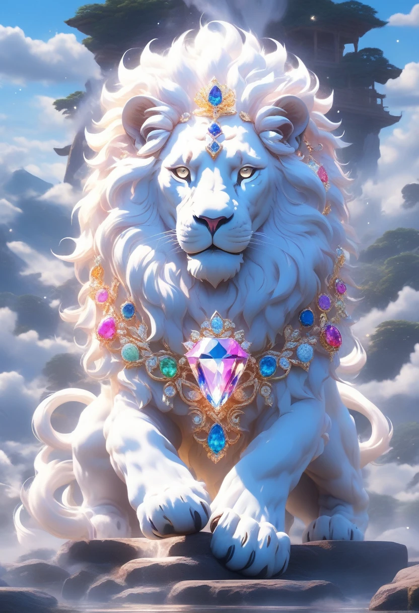 ultra realistic art,bj_sacred_beast,the white lion,adorable,opulent,Colourful gemstones sparkle,Jewelry shines,with light shining,bright diamond,Palacios