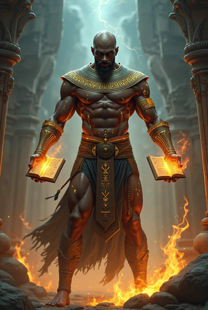 Bald, dark-skinned, egyptian-style, very muscular mage with a floating book in front of him and glowing runes covering his body