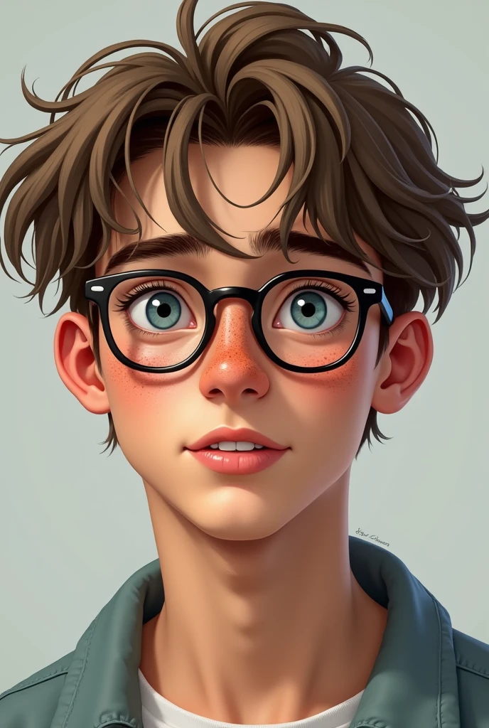 (photorealism:1.2), Chico, 20 years old light brown hair, disheveled, mod-cut Round almond-shaped eyes in light blue, long eyelashes and thin eyebrows. glasses.
nose respingada, thick and soft upper lip, straight white teeth, freckles on the cheekbones, nose, shoulders, elbows, hands, knees oval face, good facial development, low facial fat,marked jaw Thin