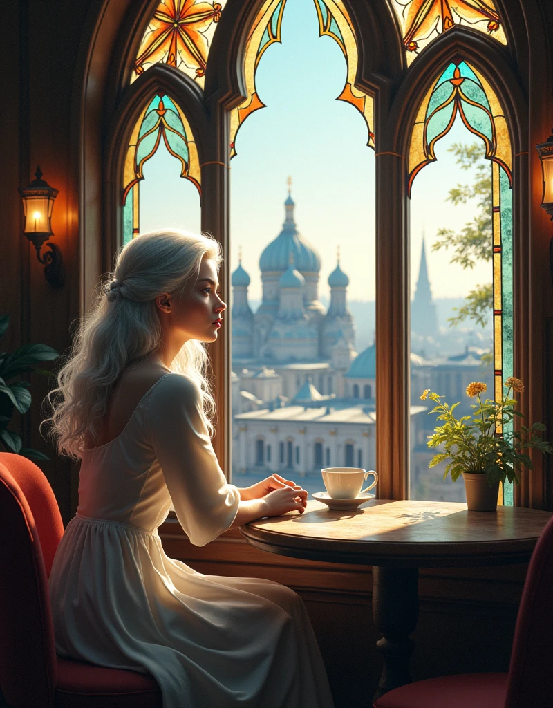 woman, light gray hair long, Blue eyes, sitting in a cafe, in the background is a large stained glass window with a view of St. Petersburg