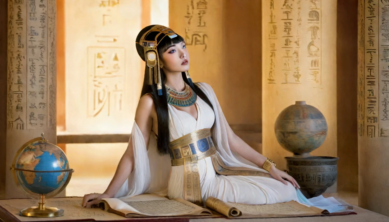 A stunning Cleopatra, dressed in elegant ancient Egyptian attire, surrounded by scrolls, books, and ancient texts. She is seated confidently in a grand palace, exuding both beauty and intelligence. Cleopatra is depicted in a thoughtful pose, her eyes focused on a complex mathematical equation on a papyrus scroll, while other scrolls in various languages are scattered around her. The scene captures her deep knowledge in philosophy and mathematics, with symbols of ancient wisdom like a globe, astrolabe, and hieroglyphs in the background. Soft, warm lighting highlights her features, blending her beauty with an aura of intellectual mastery. The overall atmosphere is one of elegance, intelligence, and power