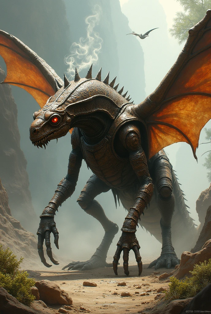 huge dragon, insect-like appearance, beetle exoskeleton, dragon wing bones, transparent wings like a dragonfly, forest inside a cave, large amount of amber spread at the dragon's feet,