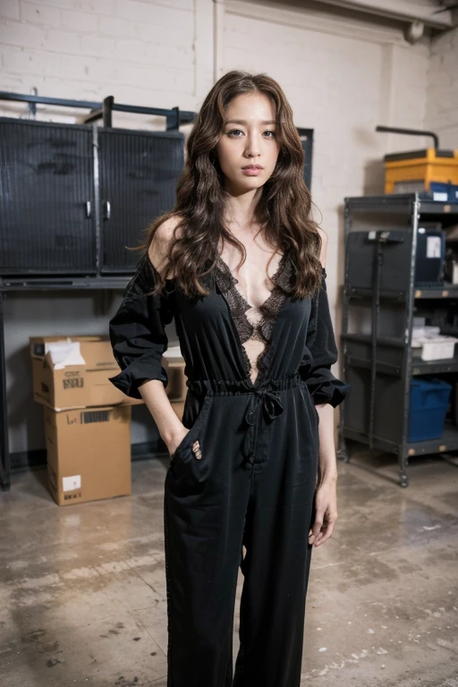(Original Photography, best quality), (Reality:1.3), (Photo quality:1.2), (Ultra-high resolution:1.0), 8k, RAW photos,Mature movie actress, lace jumpsuit,In the storage room,shy picture