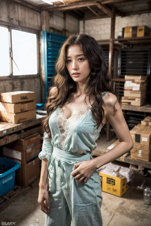 (Original Photography, best quality), (Reality:1.3), (Photo quality:1.2), (Ultra-high resolution:1.0), 8k, RAW photos,Mature movie actress, lace jumpsuit,In the storage room,shy picture