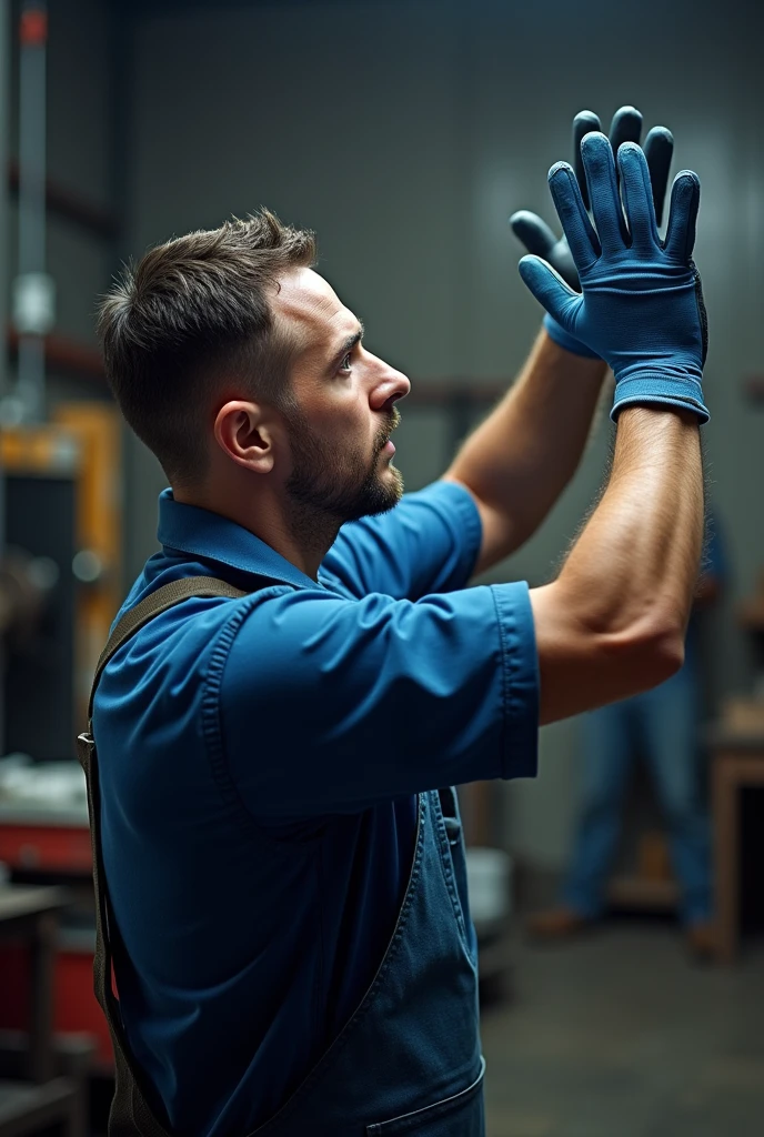 man in profile, raising his arms, receiving something with open hands and not so close together, wearing his blue gloves, Blue mechanic's apron, blue shirt
