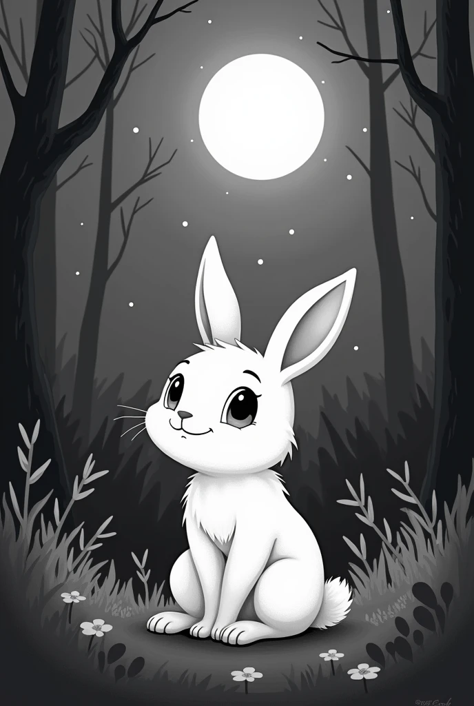 In the woods, a happy WHITE rabbit sitting looking at the moon, 2D black and white