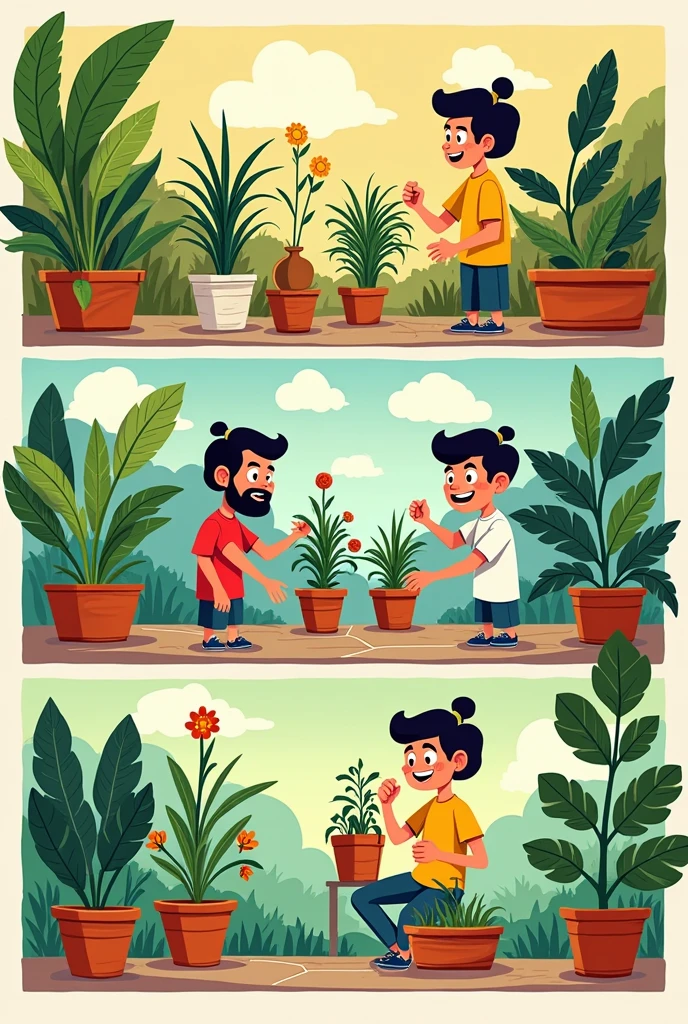 MAKE A COMIC ABOUT PLANT CARE, COMIC ANIMATED STYLE.
