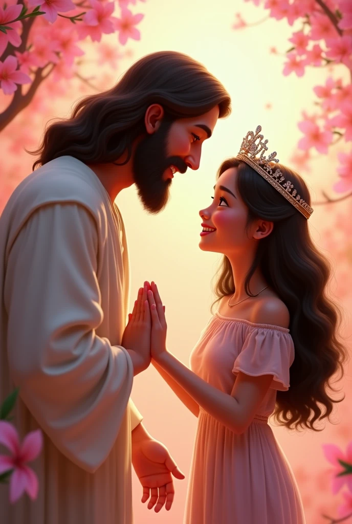 Jesus crowning a 15 year old girl Disney Pixar style, The young woman is kneeling and is wearing a short-sleeved dress with exposed shoulders. , Jesus is wearing the delicate diamond crown on top of the young woman's head ready to place the crown on the young woman's head, place surrounded by pink flowers, Her hair is thick and very black, she laughs quietly png background, you can clearly see both of their faces, they are happy png