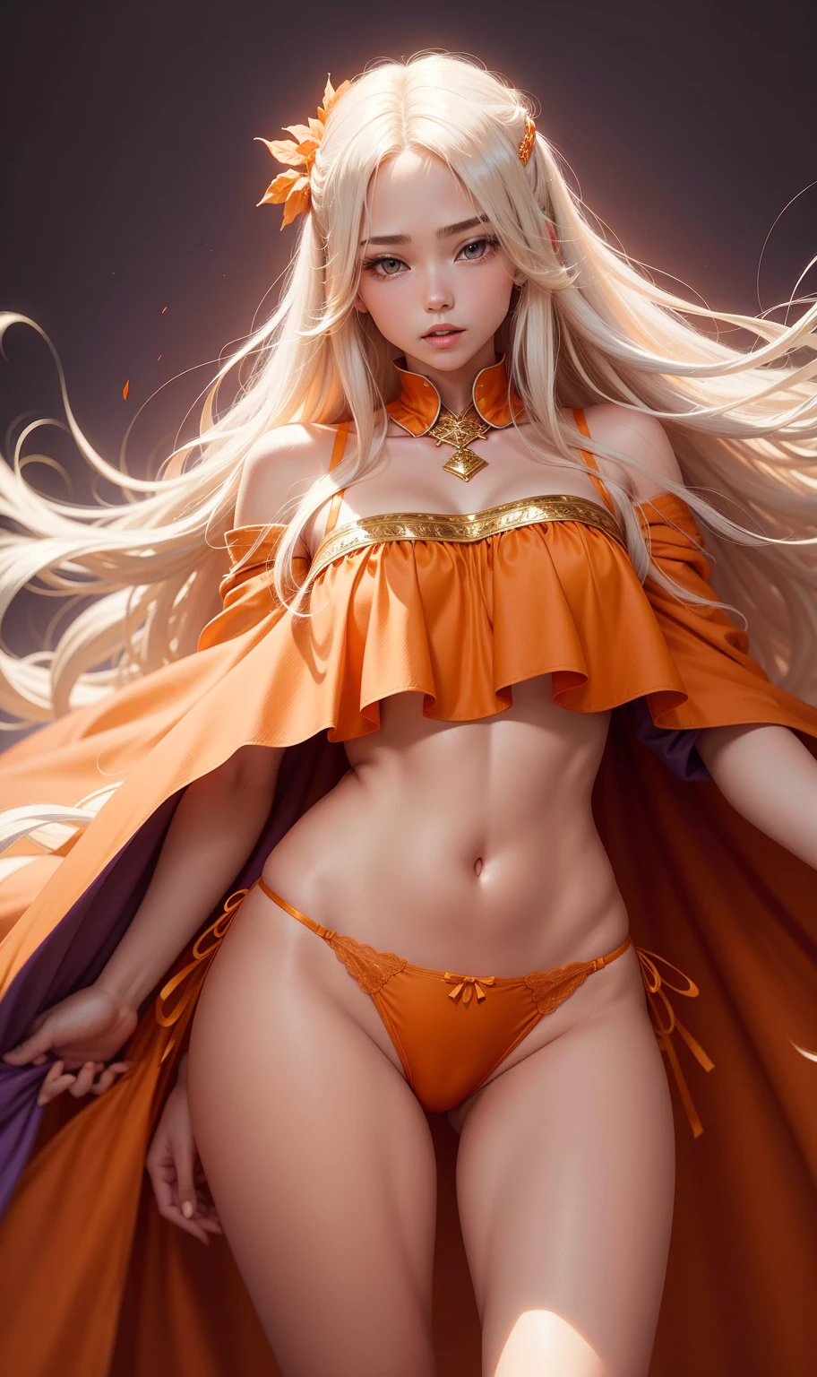 WEARING ORANGE LINGERIE, ORANGE PANTIES WITH GOLD, white long hair, LONG WHITE HAIR, STAND UP, HOLDING LARGE PURPLE COVER, wearing cape, thong panties, ORANGE THREADS PANTIES, Orange lingerie