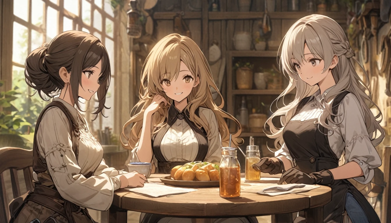 Three Women、Different hair colors、Talking around the table、Upper Body、smile、Atelier