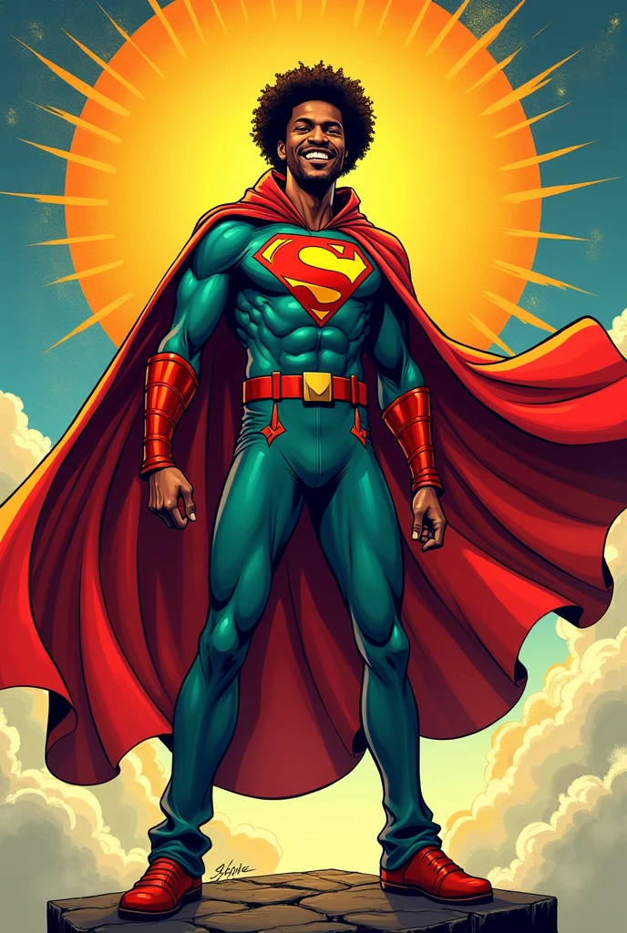 smiling black music hero, with cape, standing, comic,