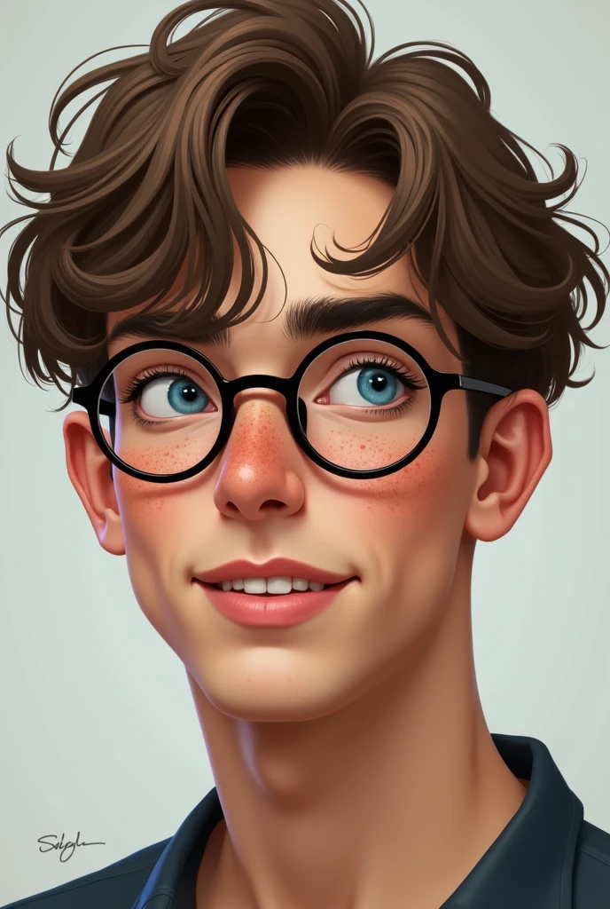 (photorealism:1.2), Chico, 20 years old light brown hair, disheveled, mod-cut Round almond-shaped eyes in light blue, long eyelashes and thin eyebrows. glasses.
nose respingada, thick and soft upper lip, straight white teeth, freckles on the cheekbones, nose, shoulders, elbows, hands, knees oval face, good facial development, low facial fat,marked jaw Thin