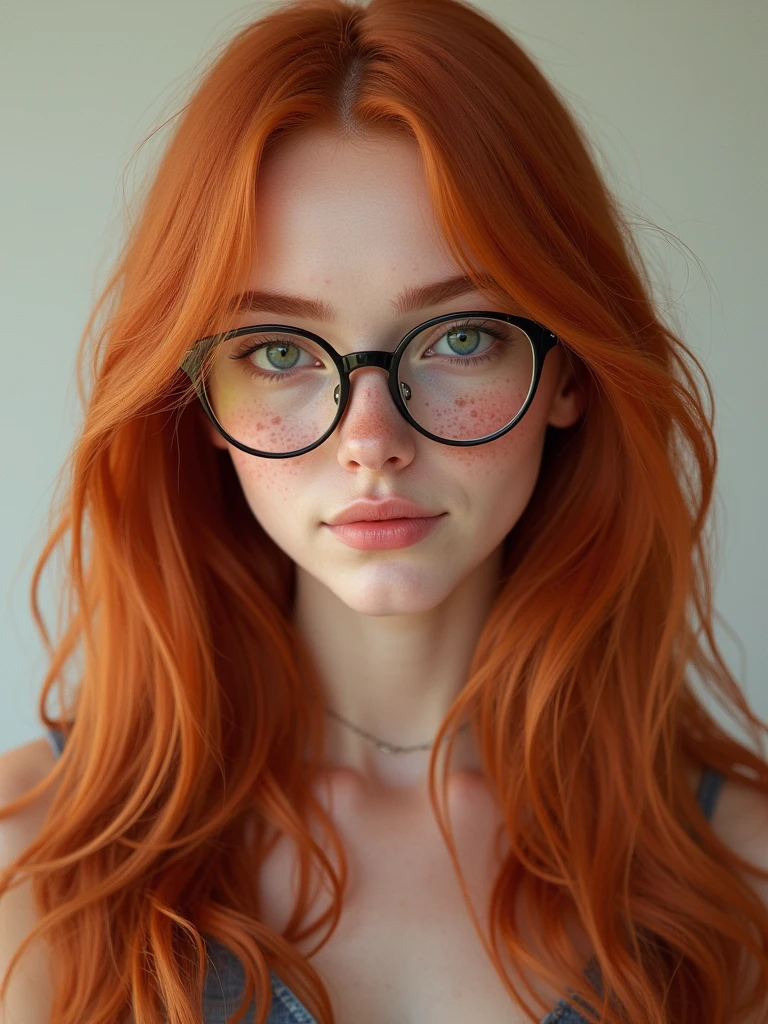 professional, masterpiece, 8k, hyperrealistic portrait of a 20yo cute ginger girl, long hair, redhead, glasses, (looking shy:1.3), freckles, detailed face, detailed skin, photography, hq, photorealistic,
