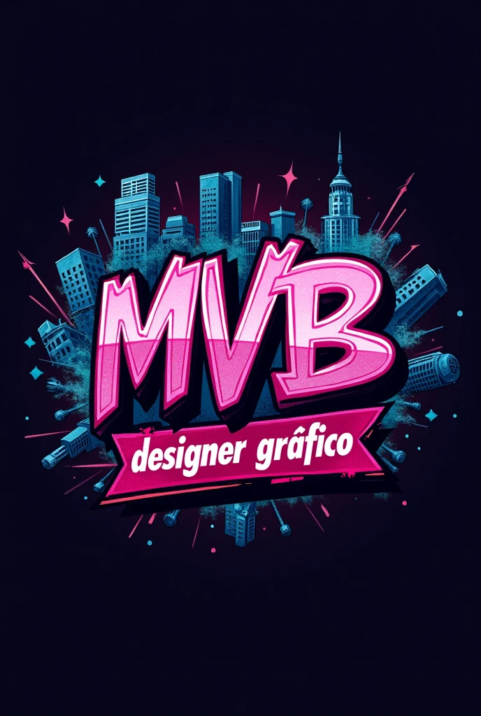 "Design a graffiti-style logo with the letters 'MVB' as the central focus, surrounded by vibrant RGB neon colors. The logo should exude an urban, modern aesthetic with dynamic shapes, bold lines, and intricate details. Below 'MVB', include the text 'Designer Gráfico' in a complementary font that matches the street art style. The overall design should be eye-catching, captivating, and reflect the energy and vibrancy of contemporary street culture. Ensure the colors pop against both light and dark backgrounds, emphasizing the urban and modern vibe."