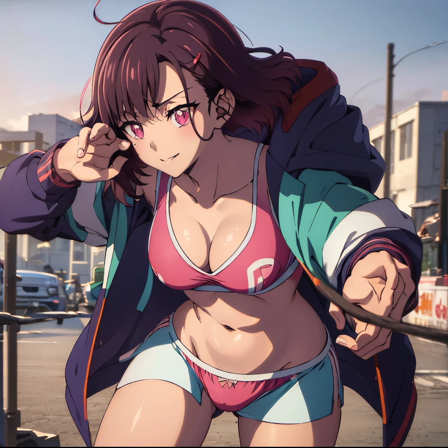 ((1girl)),((alone)),shizuka mikazuki, (zom 100),(masterpiece), (best quality), (ultra detailed), (best illustration), (best shadow), (absurdities), focus sharp, cowboy photo, atmospheric perspective, depth of field, dynamic posture facing viewer, medium breasts, narrow waist, wide hips, wide thighs, round butt, erotic, romantic, (highly detailed eyes, 1.1 lips), highly detailed eyes , eyes, Very detailed face, Very pretty face, Symmetrical face, Aesthetic face, perfect face, perfect eyes, detailed eyelashes: 1.5), full height, beautiful slender figure, femininity, expressive appearance, elastic medium breasts, sexuality, parted lips, short hair, purple hair, hair ornament, hairpin, (pink eyes: 1.5), swept bangs, navel, exposed waist, neckline, collarbone, jacket, open clothing, abdomen, hoodie, open jacket, multi-colored jacket, hooded jacket , sports bra, pink bra, sports shorts, pink shorts, hood down, black stockings, white tennis shoes, hand on hip, curves, defined body, perfect and beautiful body, perfect and beautiful, closed mouth, flirtatious expression, smile, blush, ( sexy pose: 1.2), ((solo)), standing: 1.3, ((outdoors, cityscape, desolate landscape, zombies, chaos, burning cars, debris, rainy)), looking forward, (( focus on breasts:1.4)), point of view:(from middle), perfect anatomy, perfect hands