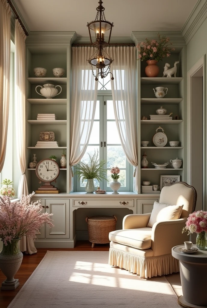 picture of bone china hobby room perspective, with some rest area contain lounge chair and place we can do the hobby but with antique room style