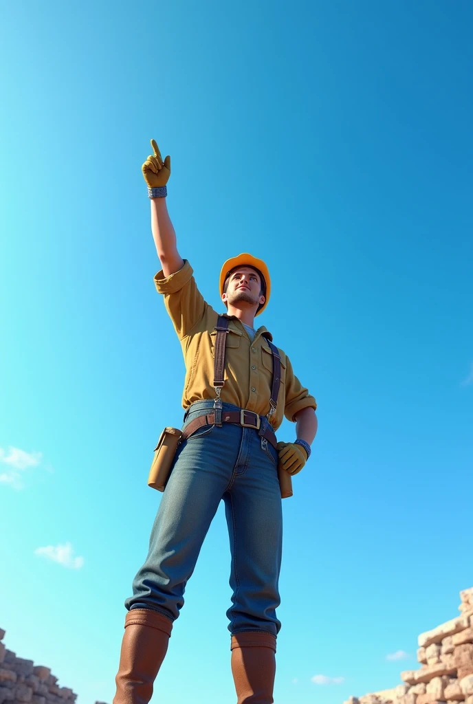 clear day blue sky the work man pointing up