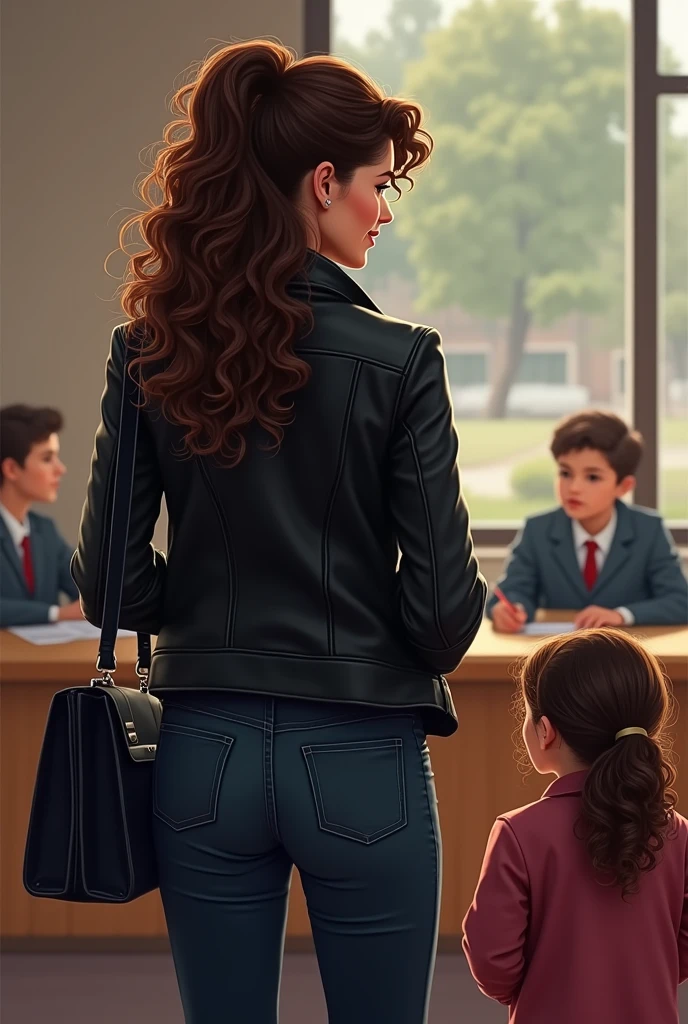 Femme cheveux frisé attaché veste cuir sac a main avec sa fille a la réunion parents professeur