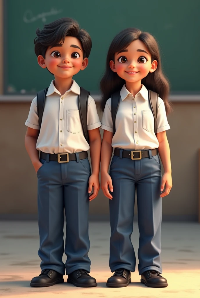Venezuelan boy and girl from , both wearing white button-down shirts and blue pants, with black belt and black shoes