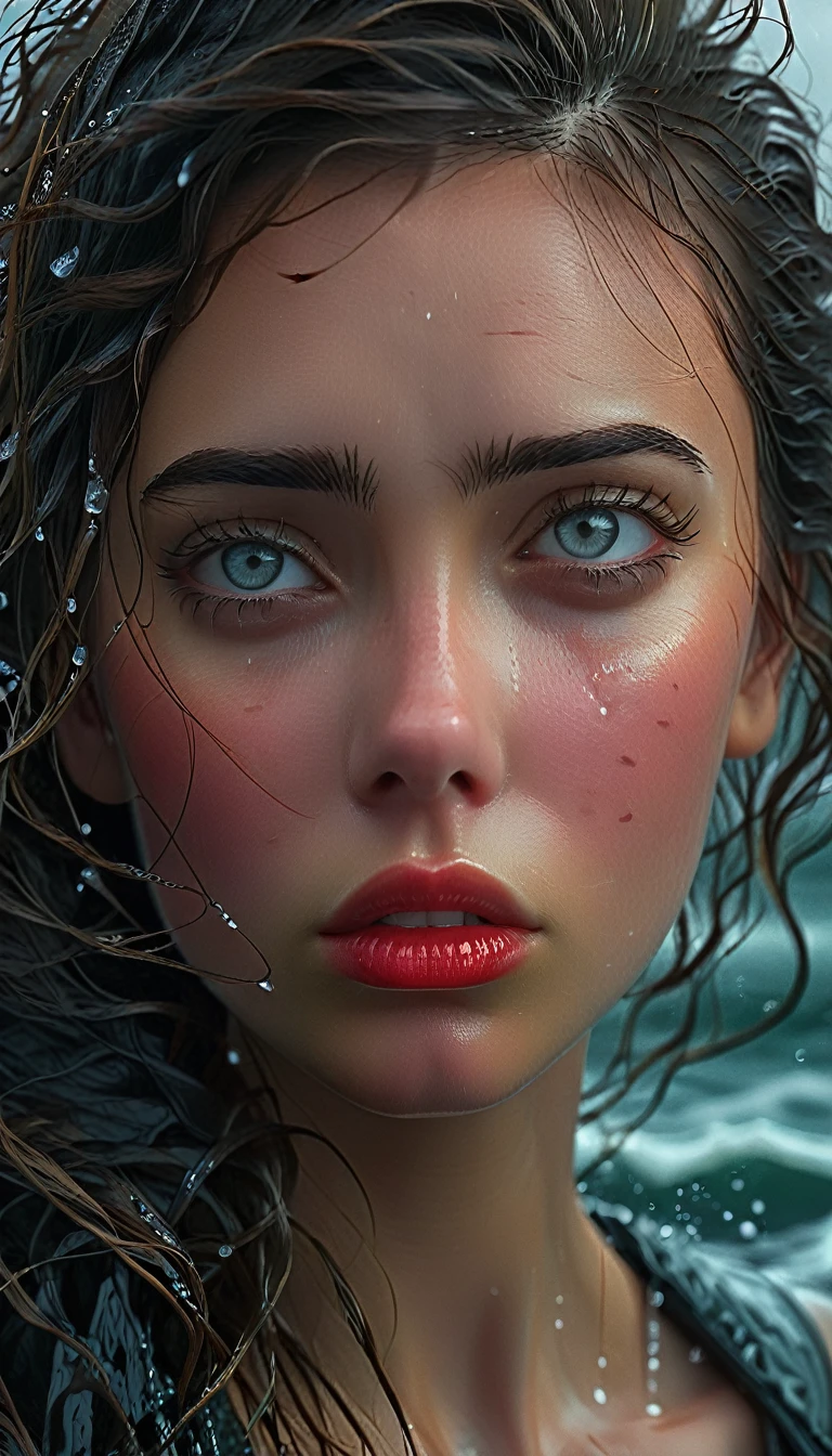 a girl in a stormy sea, realist portrait, beautiful detailed eyes, beautiful detailed lips, extremely detailed eyes and face, long eyelashes, Depression, Feeling alone, Fear of the unknown, eyes full of tears, A ray of hope, wondering if it gets better, (Best Quality,4k,8k,High resolution,masterpiece:1.2),ultra detailed,(realist,photorealist,photo-realist:1.37),HdR,HD,studio lighting,Ultrafine paint,sharp focus,physically based rendering,extreme detailed description,professional,vivid colors,bokeh,Portraits,Realism,dramatic lighting,moody,gloomy,melancholic,cold colors,stormy sea