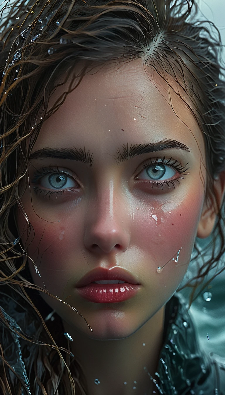 a girl in a stormy sea, realist portrait, beautiful detailed eyes, beautiful detailed lips, extremely detailed eyes and face, long eyelashes, Depression, Feeling alone, Fear of the unknown, eyes full of tears, A ray of hope, wondering if it gets better, (Best Quality,4k,8k,High resolution,masterpiece:1.2),ultra detailed,(realist,photorealist,photo-realist:1.37),HdR,HD,studio lighting,Ultrafine paint,sharp focus,physically based rendering,extreme detailed description,professional,vivid colors,bokeh,Portraits,Realism,dramatic lighting,moody,gloomy,melancholic,cold colors,stormy sea