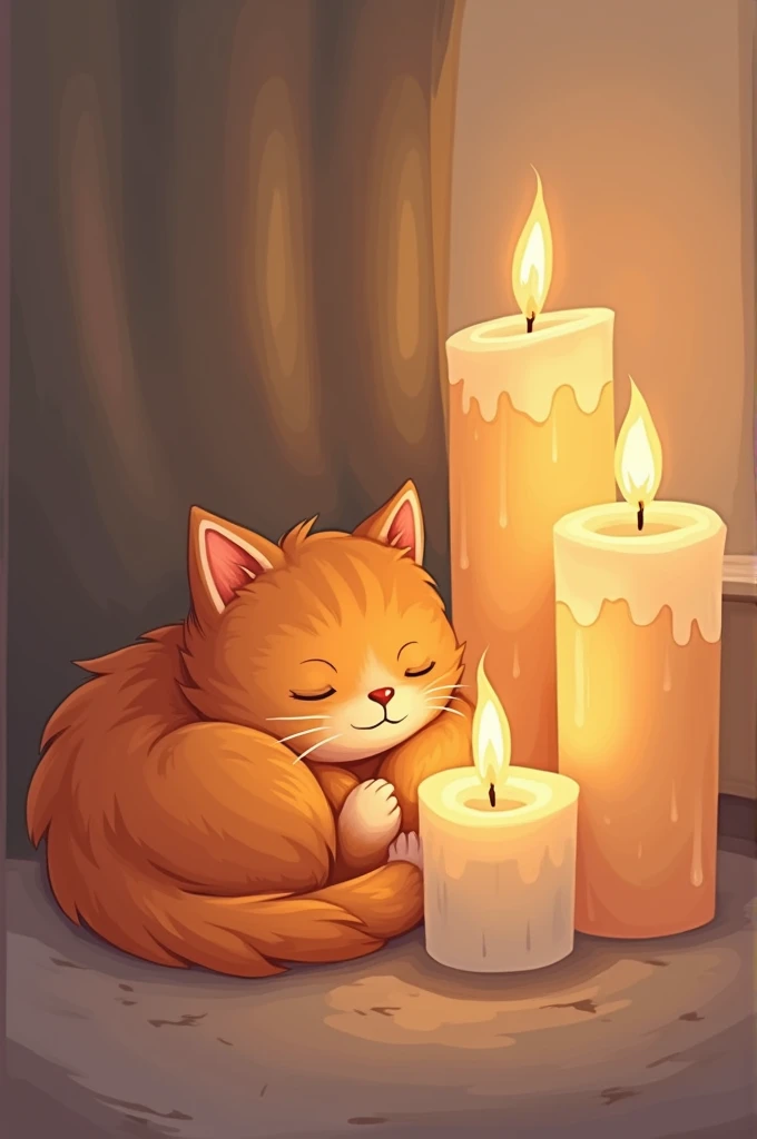 Create an illustration of my pet with a 2D animation style. He is taking a nap in his favorite spot next to candles, that the image is ideal for a logo for a candle business, The cat has to be orange and fluffy