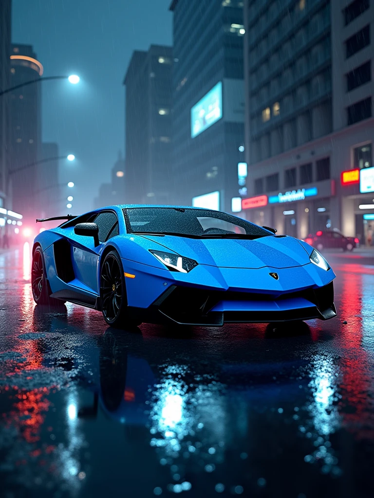 A stunning cinematic photo of a rain-soaked cityscape at night, featuring a glowing blue Lamborghini Aventador. The car's sleek design is accentuated by its blurry motion, with its lights reflecting off the wet, slick surface. In the foreground, small, intense raindrops create a dynamic contrast against the vibrant blue hue. The background is dark and moody, adding to the overall dramatic and intense atmosphere., cinematic, poster, vibrant, photo