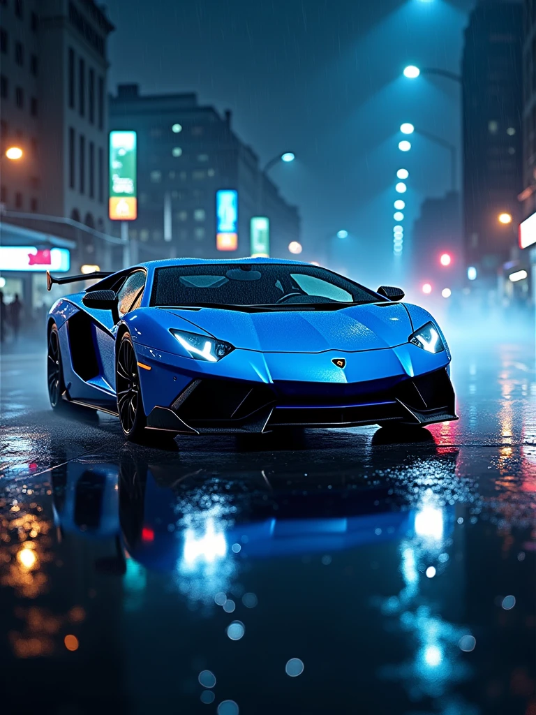 A stunning cinematic photo of a rain-soaked cityscape at night, featuring a glowing blue Lamborghini Aventador. The car's sleek design is accentuated by its blurry motion, with its lights reflecting off the wet, slick surface. In the foreground, small, intense raindrops create a dynamic contrast against the vibrant blue hue. The background is dark and moody, adding to the overall dramatic and intense atmosphere., cinematic, poster, vibrant, photo