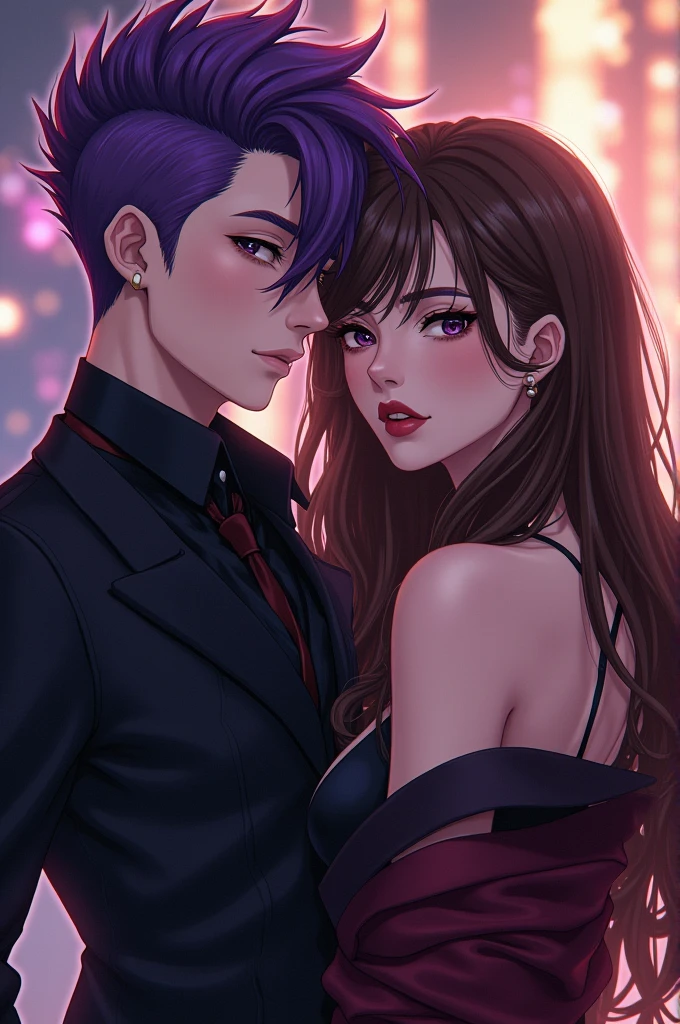 Limo Boy, (limo) limo hair therm hair style, Persian purple, emo clothing, masterpiece, of the highest quality1 girl, Long hair, Brown hair,