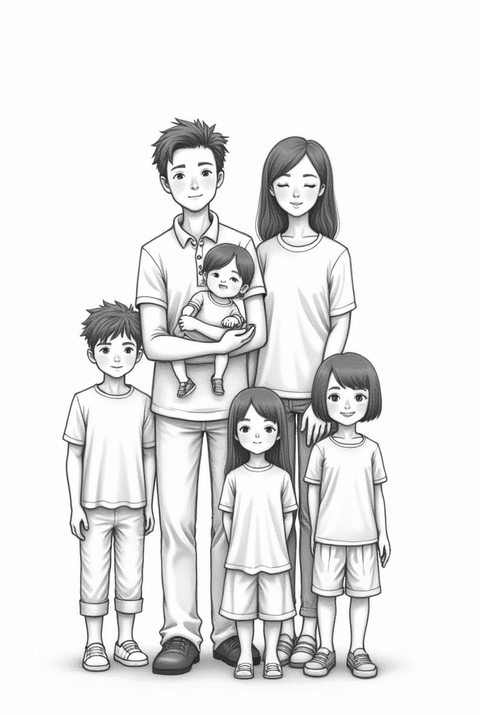 Family with 4 children and a baby boy, modestly dressed in pencil drawing