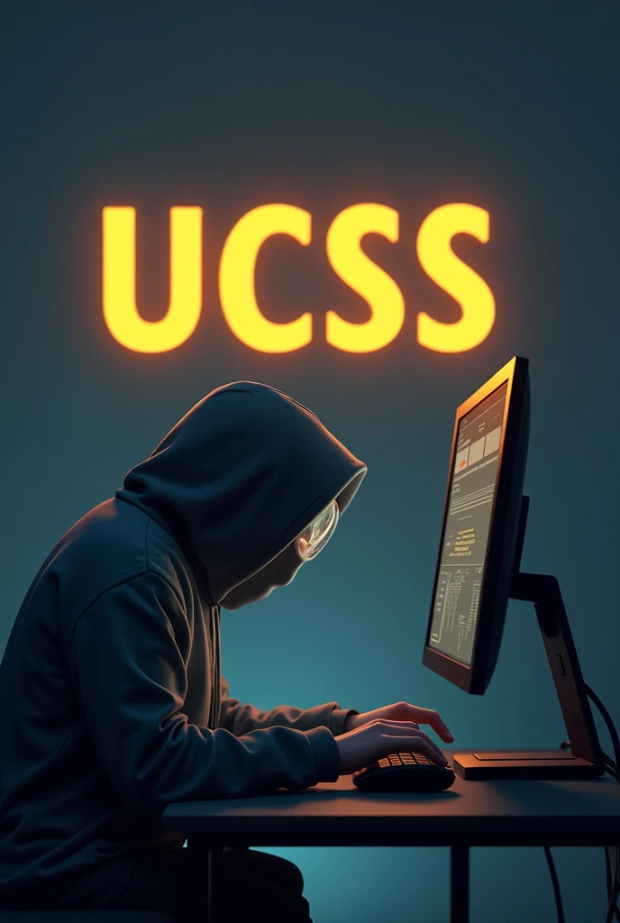 Anonymous animated person, his face is not seen, researching in front of the computer with the logo "UCSS" golden in color