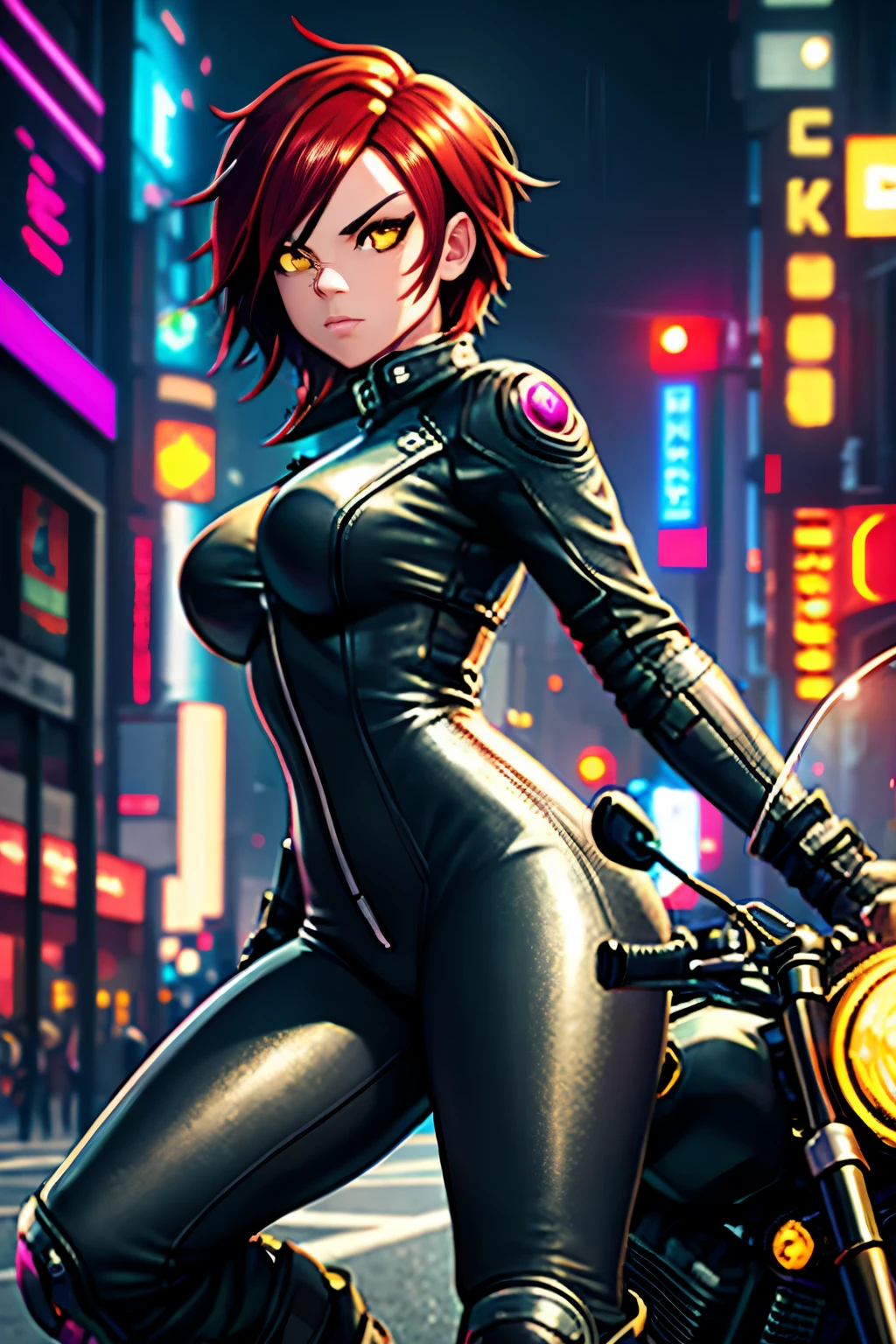 biker girl, motorcycle, Leather one-piece garment, Short hair, yellow glowing eyes, Dark colors, ultra detailed face, long eyelashes, skinny, Cyberpunk, Neon lights, Red hair, long boots, tightsuit, Night, the city street, mitts, rain