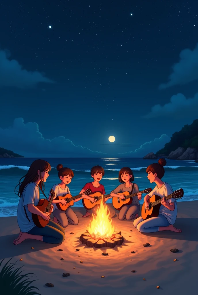 friends playing guitar around the bonfire on the beach at night with the starry sky and the moon shining , アニメ