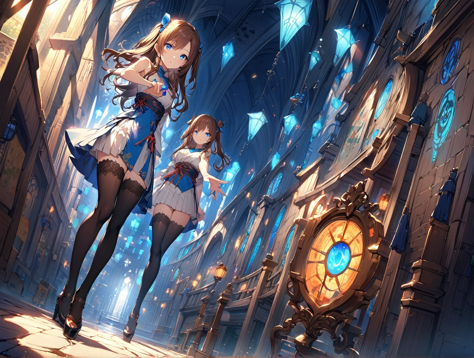 1girl, solo, outdoors, long hair, holy place, Original,(Illustration:1.1),(Best Quality),(masutepiece:1.1),(the Extremely Detailed CG Unity 8K Wallpapers:1.1), (Colorful:0.9),(mid-shot:0.95),(extremely detailed beautiful face),(Solo:1.2), (girl),(((Lori))), (Detailed beautiful eyes:1.15), (Beautiful face:1.15), (Glowing blue eyes:1.25////),(((Brown Long Hair))),(two side up),(+perfect hand+:1.21),(Draw illustration of Japan priestess costume),(slender),(White pleated skirt),(Gothic),((black thighhighs)),(frilld),(Beautiful Slender ta Girl),hallowween,standing, girl,, girl,((dynamic angle)),((dynamic pose)),