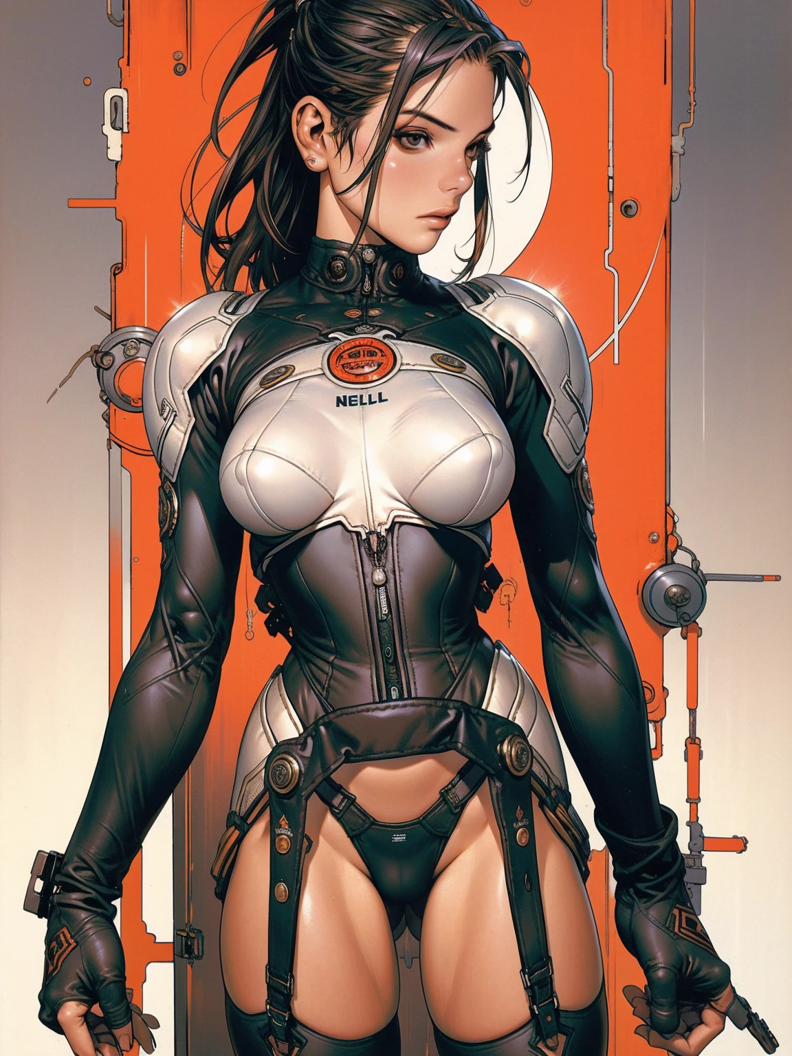 A 20-year-old female biker nearly naked in Simon Bisley style for the cover of Heavy Metal magazine, long dark hair with bangs, Minimal clothing, short clothing, (((Biker suit))), perfect body with slim waist and model body measurements, (((Sandra Bullock))), (((wide garter belt and stockings 3/4))), red and black large checkered pattern corset