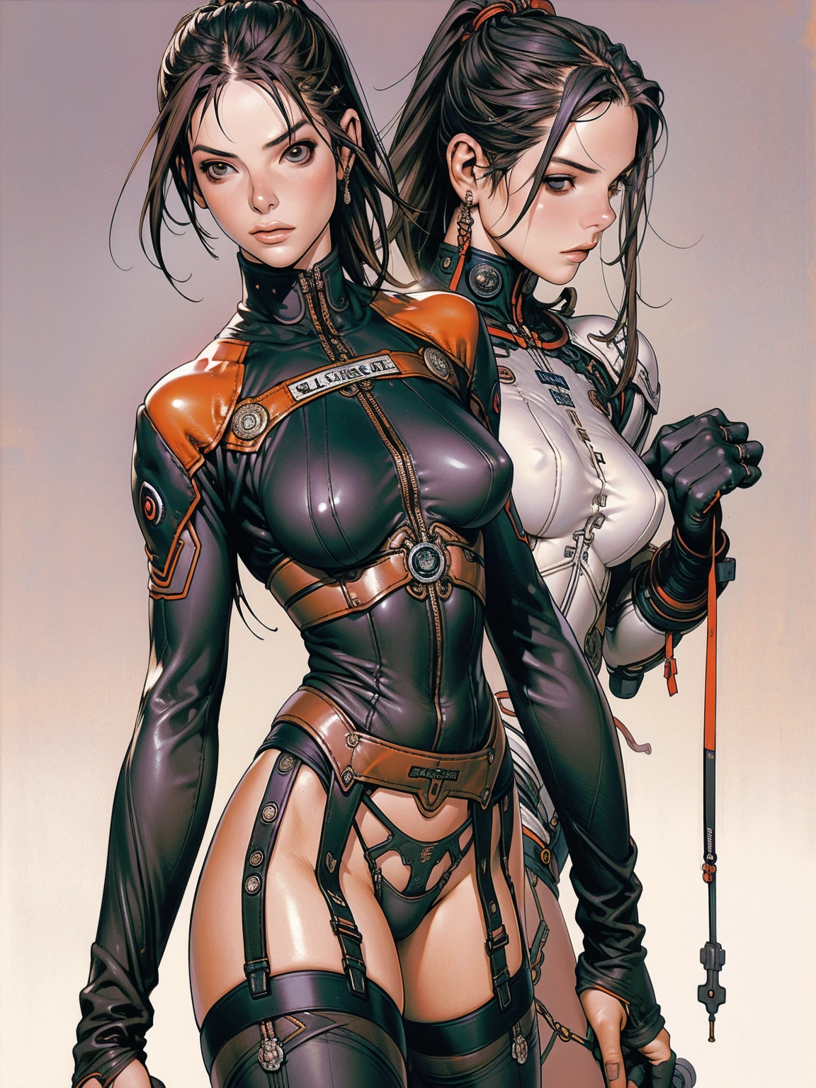 A 20-year-old female biker nearly naked in Simon Bisley style for the cover of Heavy Metal magazine, long dark hair with bangs, Minimal clothing, short clothing, (((Biker suit))), perfect body with slim waist and model body measurements, (((Sandra Bullock))), (((wide garter belt and stockings 3/4))), red and black large checkered pattern corset