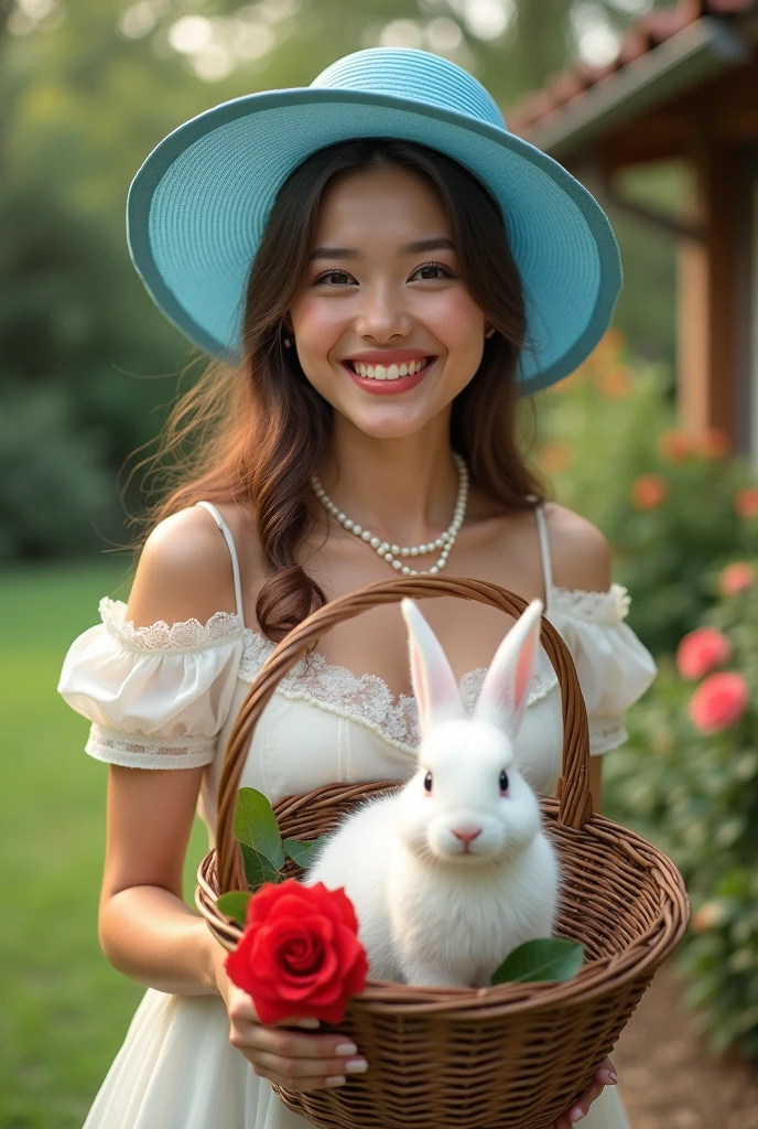 wedding a blue hat, and a girl
With a very smiling and happy lip
With an old basket with a white rabbit in it
With a white princess dress and
A pearl necklace with a red rose in the yard