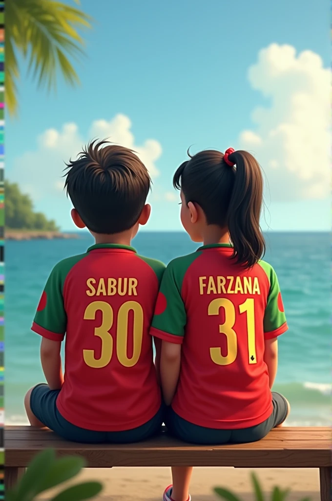 A boy whose name is "Sabur" and a girl whose name is "Farzana" wearing Bangladeshi cricket Jersey and sitting on a bench near sea.
The names of the boy and girl are written in the backside of the Jerseys. The Jersey number of boy is 30 and the Jersey number of the girl is 31