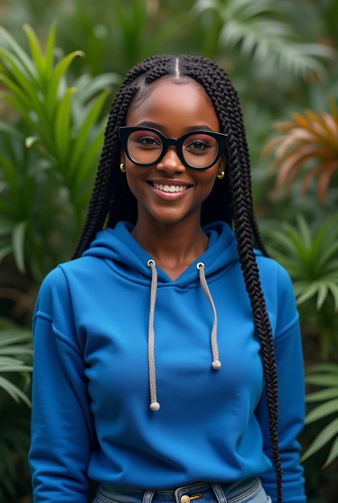 (photorealism:1.2), beautiful black African woman,22 years,sharp boobs, smiling wearing a fitting blue hoodie,long braids,oversized photo chromatic glasses, standing , plants in background Beyonce B inspiration