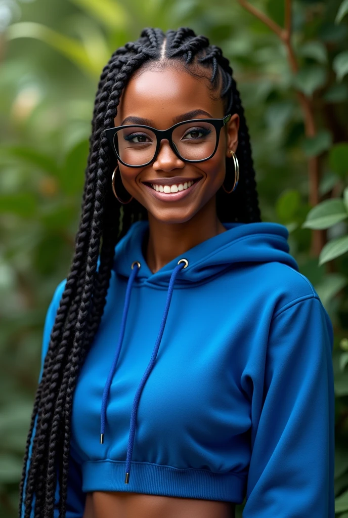 (photorealism:1.2), beautiful black African woman,22 years,sharp boobs, smiling wearing a fitting blue hoodie,long braids,oversized photo chromatic glasses, standing , plants in background Beyonce B inspiration 