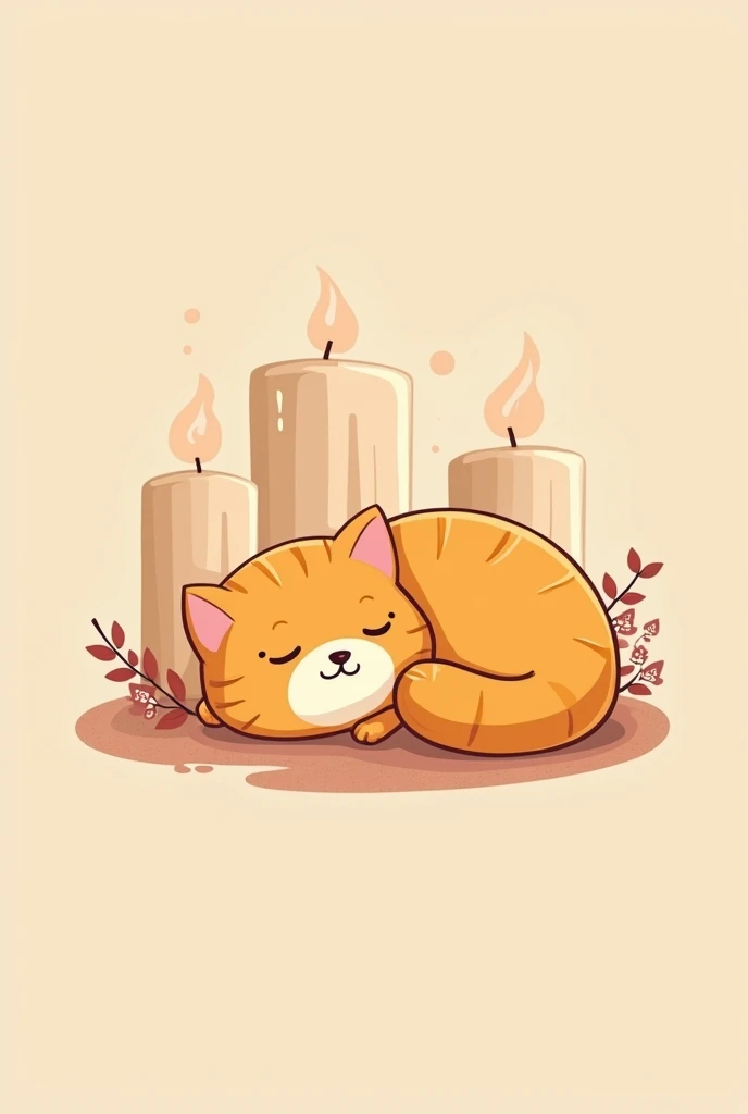 Create an illustration of my pet with a 2D animation style. He is taking a nap in his favorite spot next to candles, that the image is ideal for a logo for a candle business, The cat has to be orange and fluffy, that has a simple style