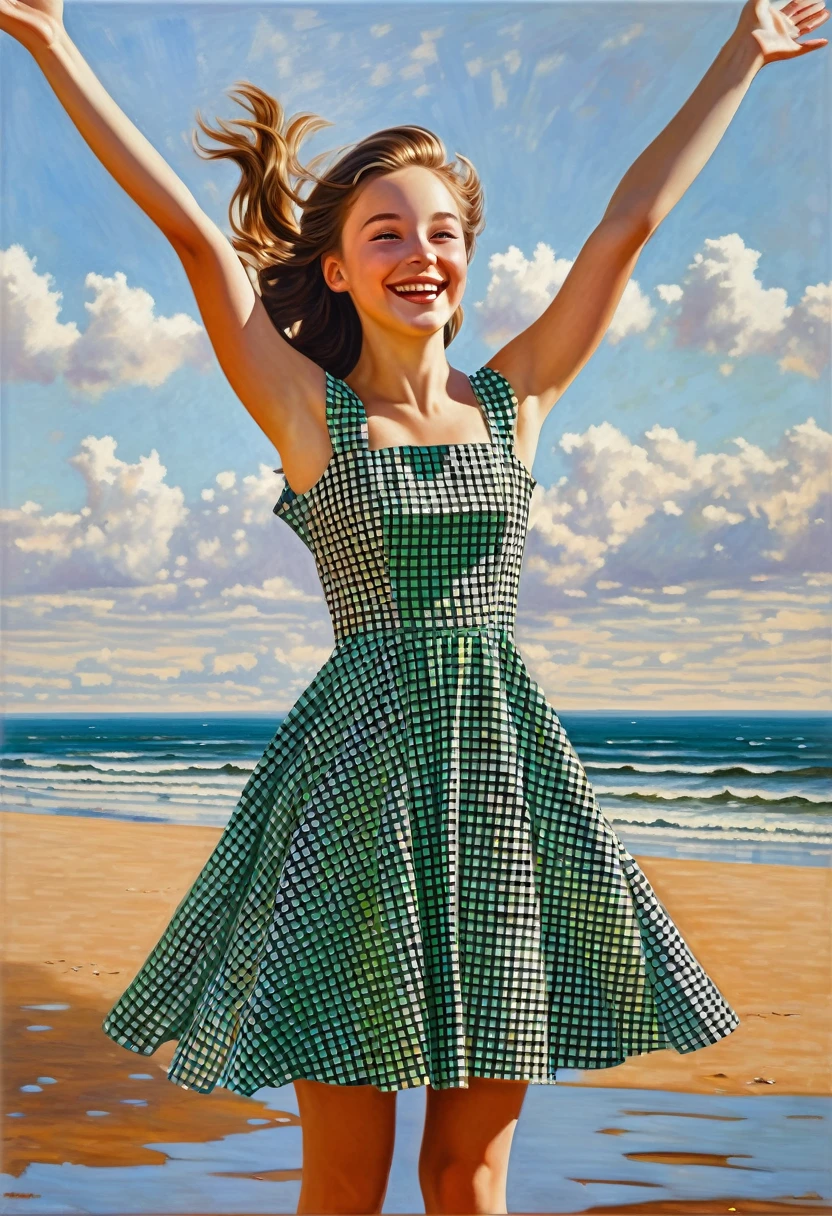 (scene of joy) a young dreamy girl joyfully inhales fresh air with her arms spread, a sweet joyful smile, in a checkered dress (in the style of Tom Lovell), ((fresh oil palette canvas/acrylic)), Intricate, Extreme Detail, Complex key, ((Single Shot)), ((Best Quality)), ((Masterpiece)), ((Realistic)), 8k