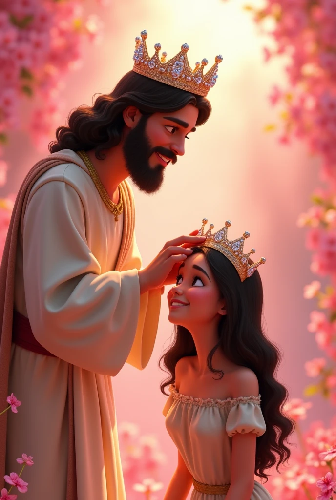 jesus crowning a  girl pixar style, The young woman is kneeling and is wearing a short-sleeved dress with exposed shoulders. , Jesus is wearing the delicate diamond crown on top of the young woman&#39;s head ready to place the crown on the young woman&#39;s head, place surrounded by pink flowers, Her hair is thick and very black, she laughs quietly png background, you can clearly see both of their faces, They're cheerful, Jesus has his hand on the young woman&#39;s crown png

