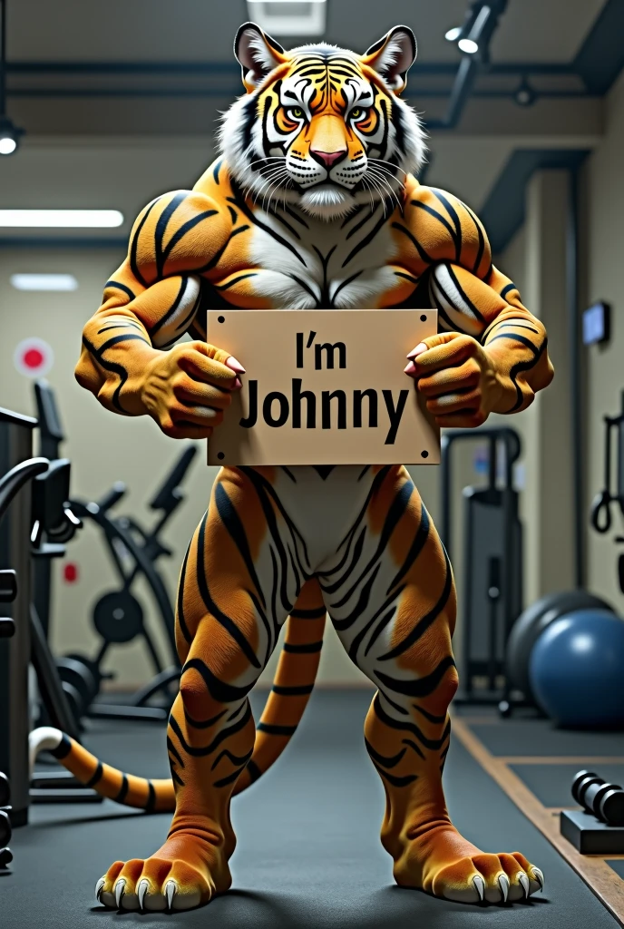 A tiger with a human body and a sign that says I'm Johnny in a gym