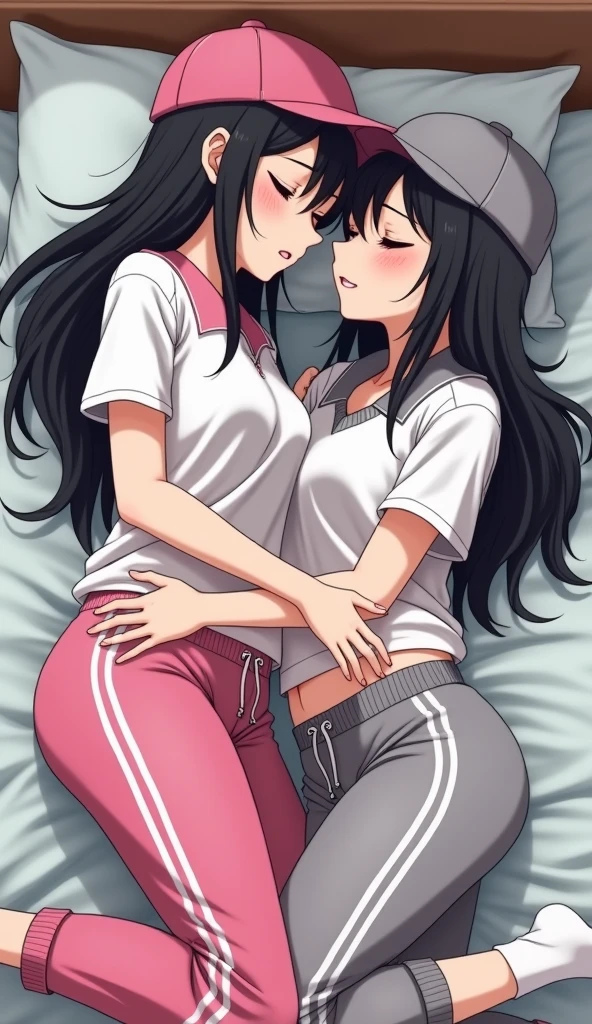 Two girls long black hairs, yuri, hot sex love scene.

The first girl wear a white pink polo shirt pink shirt collar pink sleeves, pink cap, pink adidas sweatpants with three white stripes, black underpants, white socks.

The second girl wore a white grey polo shirt grey shirt collar grey sleeves, grey cap, grey adidas sweatpants with three white stripes, black underpants, white socks.

The hem of their polo shirt was tucked into their pants.

The first girl used her hand reach to inside the grey sweatpants of the second girl and insert finger into the vagina of the second girl.

kissing on the bed, sensual body, hugging, closed eyes, lying on the bed, bedroom, novel cartoon, 4K, HD